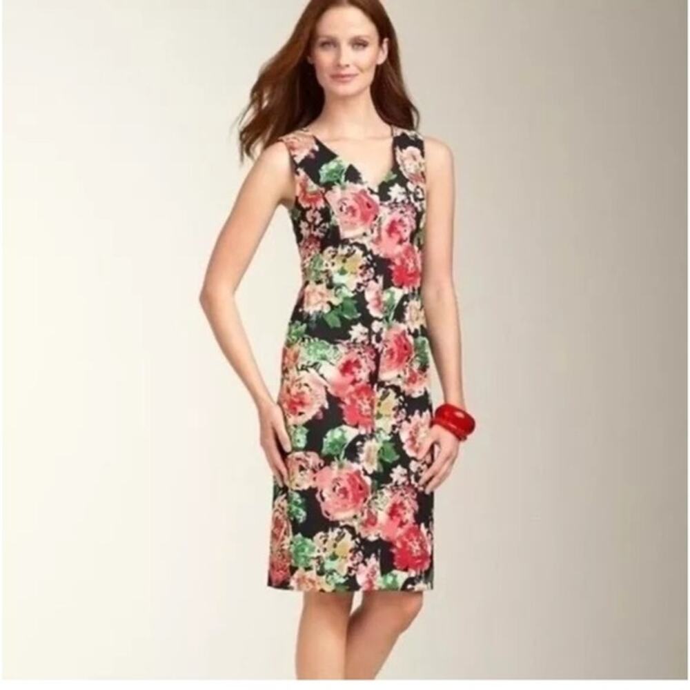 Talbots Women's Black Pink Cotton Stretch Sleeveless V-neck Sheath Dress Size 6